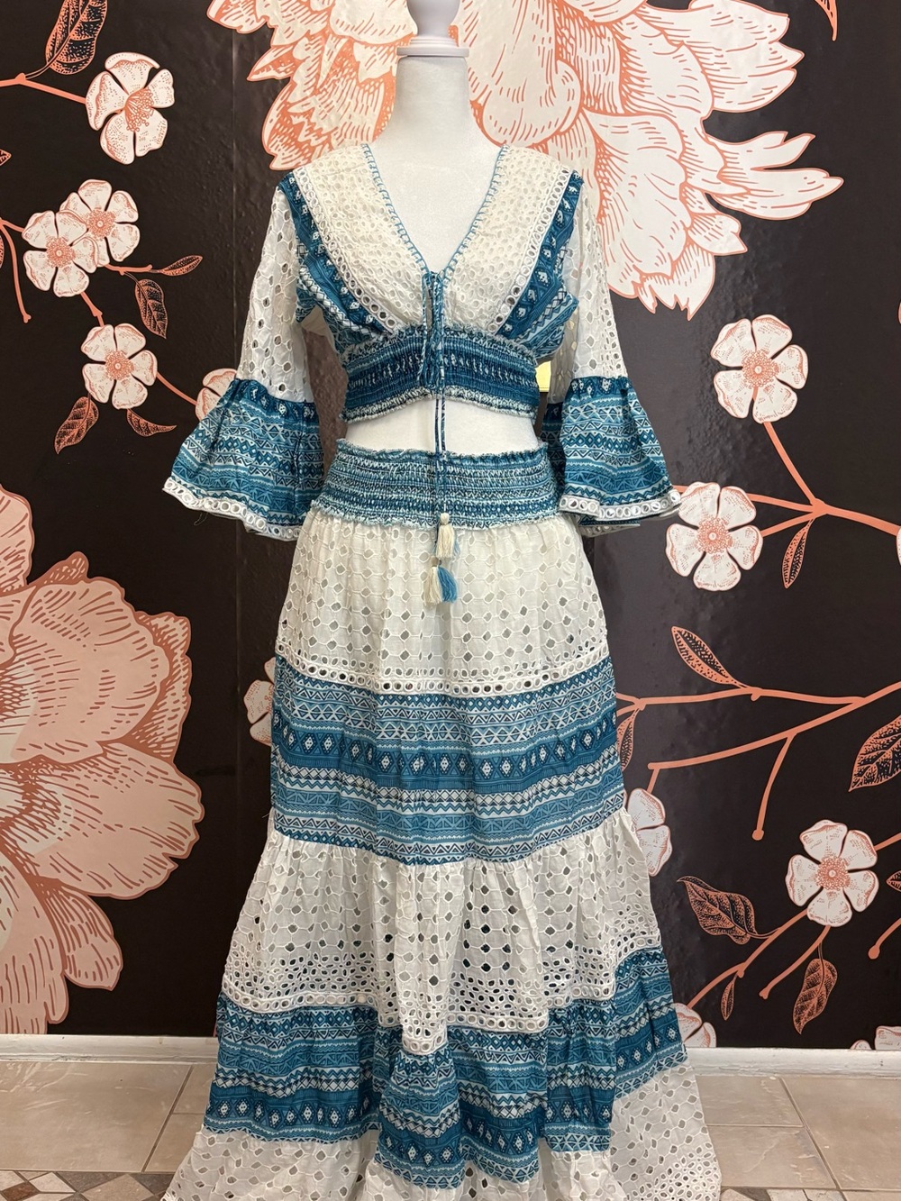 NWOT Papa Pia White & Teal Eyelet Tiered Maxi Skirt — Boho Two-Piece Set